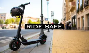 En elscooter står parkerad på trottoaren med en svart carbon hjälm hängande på styret. Texten "RIDE SAFE" syns i bild.