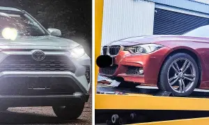 En vit Toyota och en röd BMW, båda med tända strålkastare. Kanske en jämförelse av hybridbil nackdelar?