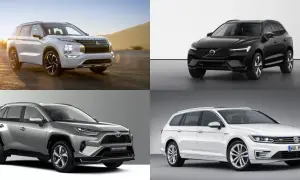 Fyra bilar visas: en vit Mitsubishi Outlander, en svart Volvo XC60, en silverfärgad Toyota RAV4 och en vit Volkswagen Passat. Alla är fyrhjulsdriven laddhybrid.