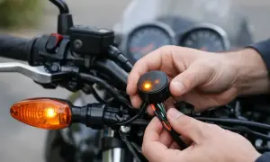 Händer kopplar en blinkers mc regler till motorcykelns styre.