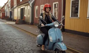Ung kvinna på ljusblå moped i charmig stadsgata. Drömmer om frihet och ett bra mopedkort pris.