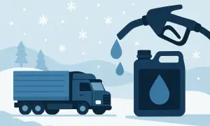 En lastbil i snölandskap, en bensinpump fyller en dunk. Kanske en dieselbil startar inte kallt?