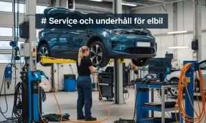 En mekaniker utför service på en elbil som lyfts upp i en verkstad.