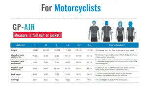 Storleksguide för motorcyklister. Måttabell för GP-AIR-dräkter och jackor, inklusive information om helite airbag-kassetter.