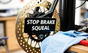 Bromsskiva med texten "STOP BRAKE SQUEAL" som kan förhindra gnisslande ljud bil. En blå trasa ligger bredvid.