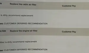 Serviceprotokoll visar rekommendation att byta kupéfilter. Frågan "hur ofta byta kupefilter" besvaras indirekt då det rekommenderas vid smuts.