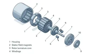 Exploderad bild av en elmotor, liknande en wankel motor, med dess komponenter: hus, statormagneter, rotor och lindningar.