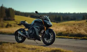 En mörk motorcykel står parkerad på en landsväg, redo för äventyr. Dess design antyder hög a1 motorcykel hastighet genom böljande landskap.
