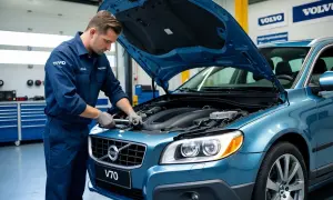 Mekaniker arbetar med en blå Volvo V70. Det är dags för oljebyte intervall för att hålla bilen i toppskick.
