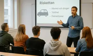 Lärare förklarar risker med alkohol, trötthet och distraktioner under Risktettan. Giltighetstid för körkort är viktig.