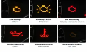 Varningslampor i bilens instrumentpanel: gul motorlampa, blinkande motorlampa, röd motorvarning, röd oljetrycksvarning, röd temperaturvarning och när motorlampan har slocknat.