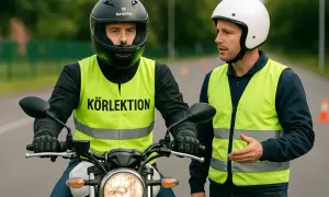 En förare på en moped får instruktioner av en handledare. För att lyckas med teoriprovet för moppe krävs övning.