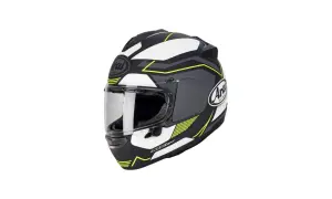 En svart, vit och grå Arai Chaser hjälm med neon-gula detaljer. Perfekt för dig som vill synas på vägen.