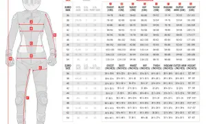 Diagram of a woman in a motorcycle suit with labeled measurements and a size conversion chart.