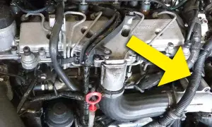 En gul pil pekar på en del av en bilmotor, troligen relaterad till egr systemet.