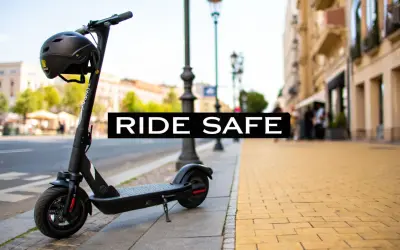 En elscooter står parkerad på trottoaren med en svart carbon hjälm hängande på styret. Texten "RIDE SAFE" syns i bild.