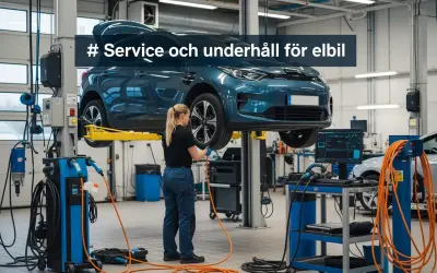 En mekaniker utför service på en elbil som lyfts upp i en verkstad.