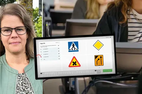 Kvinna med glasögon tittar på en datorskärm som visar en fråga om trafikskyltar, relevant för hur många fel man får ha på teoriprovet.