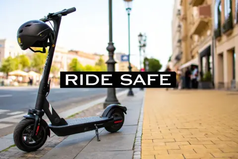 En elscooter står parkerad på trottoaren med en svart carbon hjälm hängande på styret. Texten "RIDE SAFE" syns i bild.
