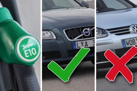Grön pump med "Super E10" och en Volvo med bock, bredvid en VW med kryss. Välj rätt bränsle, inte 98 oktan om det inte är rekommenderat.