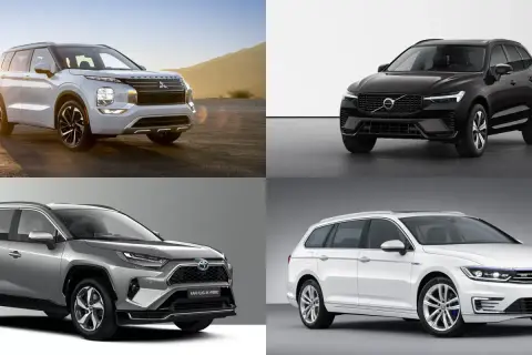 Fyra bilar visas: en vit Mitsubishi Outlander, en svart Volvo XC60, en silverfärgad Toyota RAV4 och en vit Volkswagen Passat. Alla är fyrhjulsdriven laddhybrid.