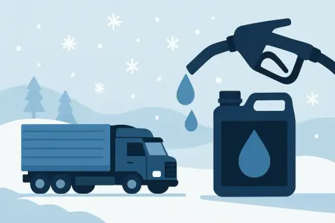 En lastbil i snölandskap, en bensinpump fyller en dunk. Kanske en dieselbil startar inte kallt?