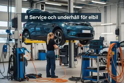 En mekaniker utför service på en elbil som lyfts upp i en verkstad.