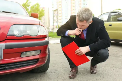 Man i kostym funderar på hur mycket olja rymmer min bil, med en röd pärm i handen vid en röd bil.