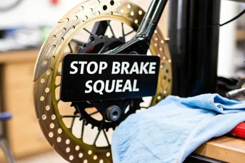 Bromsskiva med texten "STOP BRAKE SQUEAL" som kan förhindra gnisslande ljud bil. En blå trasa ligger bredvid.