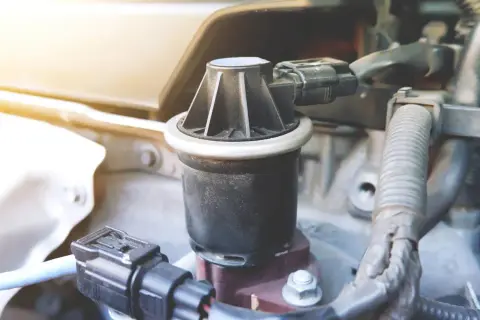 Närbild på en EGR-ventil i en bilmotor. Denna komponent är avgörande för EGR-ventilens funktion och minskar utsläppen.