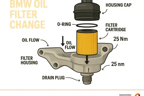 Illustration visar hur man byta oljefilter på en BMW. Delar inkluderar filterhus, filterinsats, O-ring och huslock.