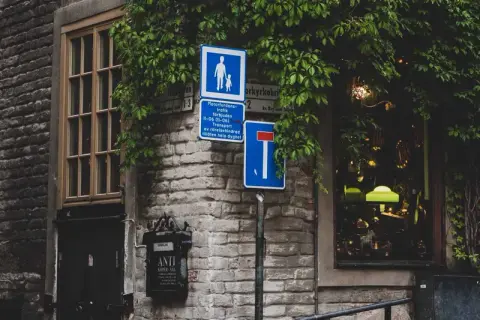Gammal stenfasad med skyltar och en blomstrande murgröna. Skymd sikt in i en butik med gröna lampor.