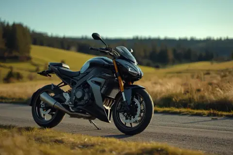 En mörk motorcykel står parkerad på en landsväg, redo för äventyr. Dess design antyder hög a1 motorcykel hastighet genom böljande landskap.