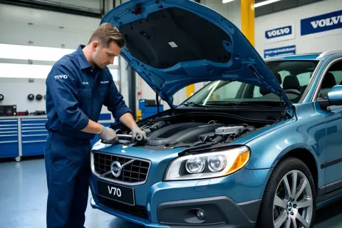 Mekaniker arbetar med en blå Volvo V70. Det är dags för oljebyte intervall för att hålla bilen i toppskick.