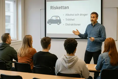 Lärare förklarar risker med alkohol, trötthet och distraktioner under Risktettan. Giltighetstid för körkort är viktig.