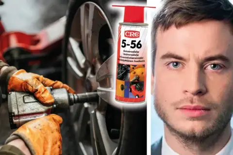 Händer med orange handskar använder en mutterdragare på en bilfälg, bredvid en burk CRC 5-56 och en mans ansikte. Kopparpasta på hjulbultar förhindrar rost.