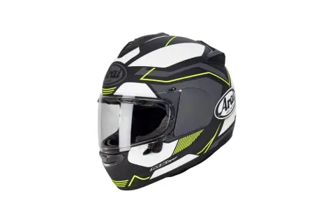 En svart, vit och grå Arai Chaser hjälm med neon-gula detaljer. Perfekt för dig som vill synas på vägen.