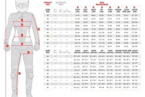 Diagram of a woman in a motorcycle suit with labeled measurements and a size conversion chart.