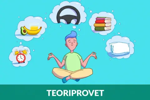 Person i meditationsställning tänker på mat, körning, böcker, sömn och en väckarklocka. Teori provet kan vara en utmaning.