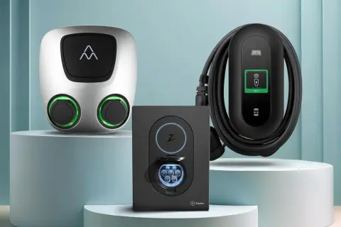 Tre moderna laddboxar för elbil. En silverfärgad med två uttag, en svart Zaptec och en DEFA-laddare med kabel. Allt redo för att ladda elbil via app.