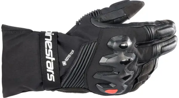 Svart motorcykelhandske med Gore-Tex, förstärkningar och logotyp. Perfekt för din handskars storleksguide.