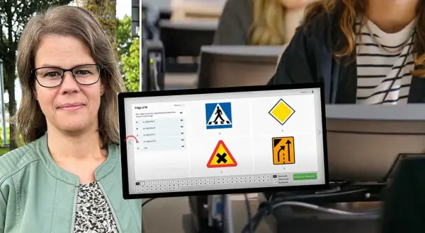 Kvinna med glasögon tittar på en datorskärm som visar en fråga om trafikskyltar, relevant för hur många fel man får ha på teoriprovet.