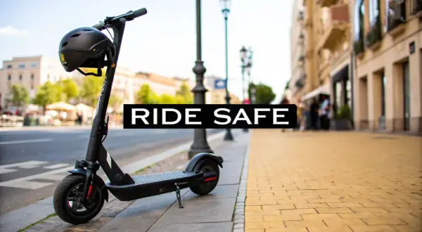 En elscooter står parkerad på trottoaren med en svart carbon hjälm hängande på styret. Texten "RIDE SAFE" syns i bild.