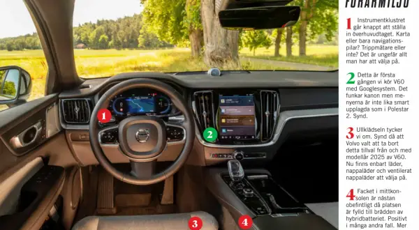 Interiörbild på en Volvo V60. Instrumentpanelen visar navigation. Kanske är det därför volvo v60 startar inte?