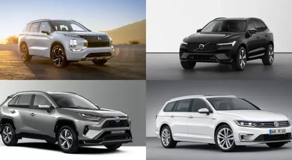 Fyra bilar visas: en vit Mitsubishi Outlander, en svart Volvo XC60, en silverfärgad Toyota RAV4 och en vit Volkswagen Passat. Alla är fyrhjulsdriven laddhybrid.