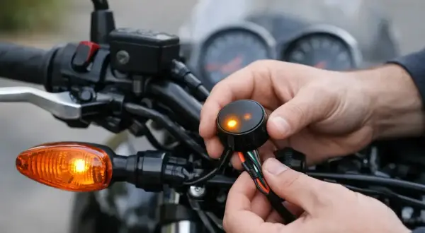Händer kopplar en blinkers mc regler till motorcykelns styre.
