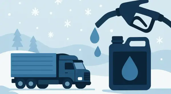En lastbil i snölandskap, en bensinpump fyller en dunk. Kanske en dieselbil startar inte kallt?