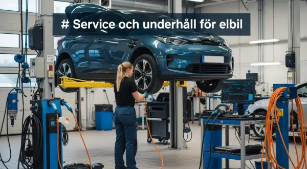 En mekaniker utför service på en elbil som lyfts upp i en verkstad.