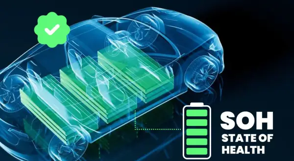 Genomskinlig elbil visar batteripaket. Indikator visar 97% SOH (State of Health) efter batteritest. Grönt kryss bekräftar.
