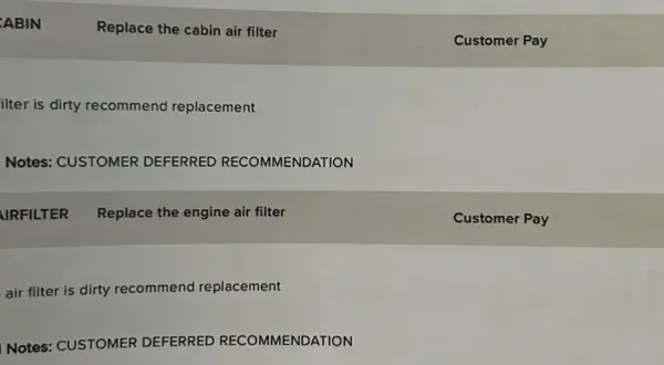 Serviceprotokoll visar rekommendation att byta kupéfilter. Frågan "hur ofta byta kupefilter" besvaras indirekt då det rekommenderas vid smuts.